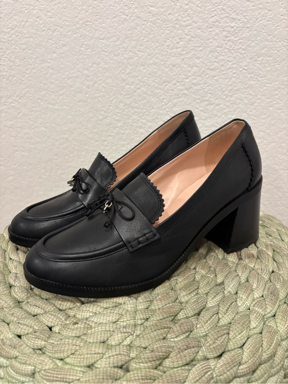 Kate Spade Hattie Black Leather Scalloped Trim Block Heel Chunky Loafers - Picture 4 of 11